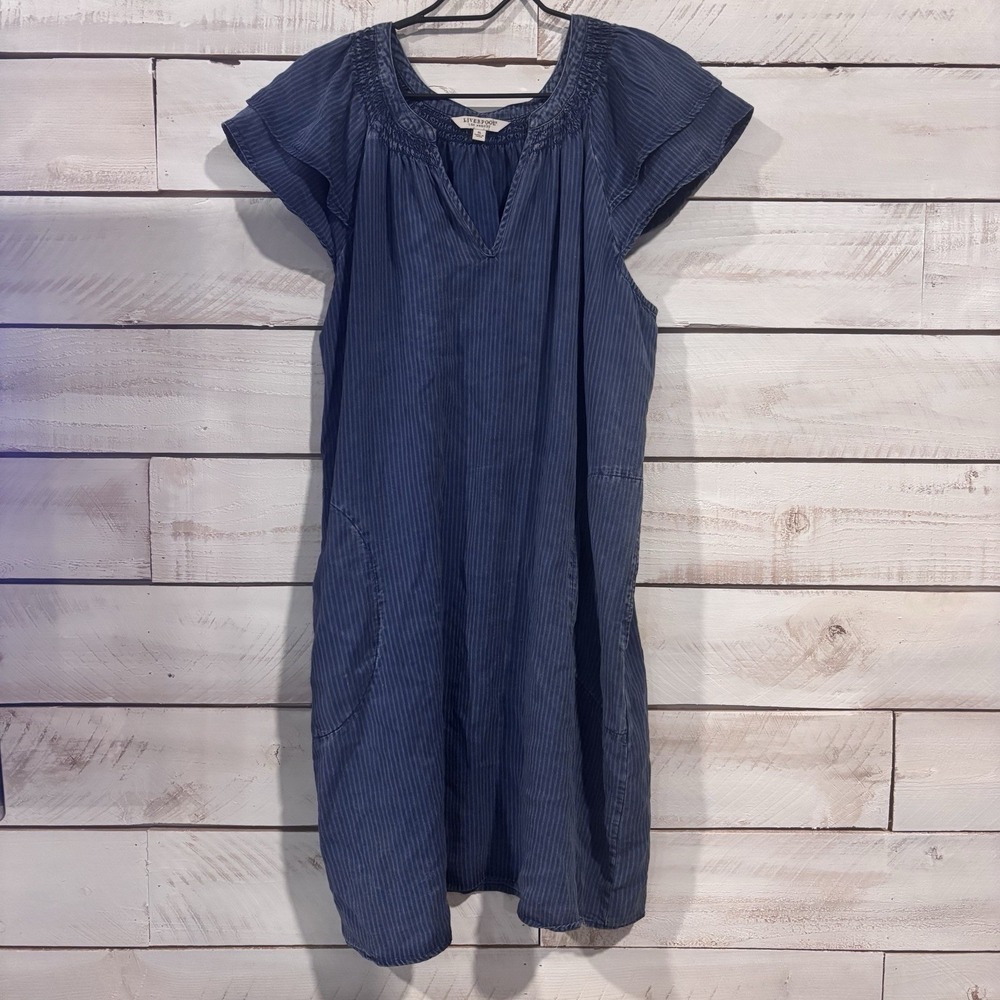 Liverpool Women's Blue Short‎ Sleeve V-Neck Smocked Dress XL